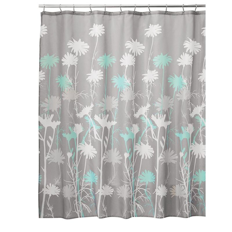 Shower Curtain Slate Blue Sky Sage Green Floral Daizy Flower Design